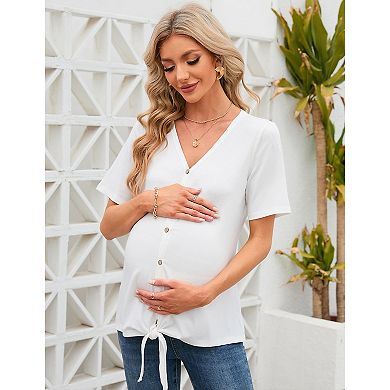 Maternity V-Neck Button Front Tie Hem Blouse, Short Sleeve Casual Top for Women