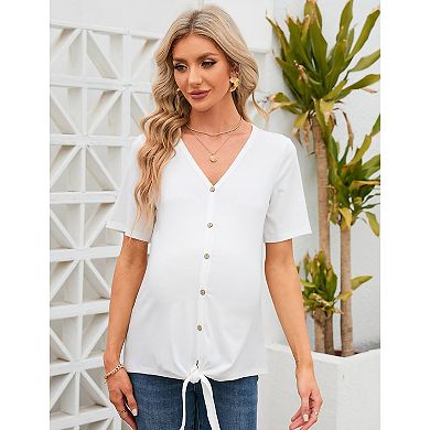 Maternity V-Neck Button Front Tie Hem Blouse, Short Sleeve Casual Top for Women