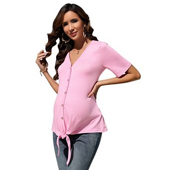 Maternity V-Neck Button Front Tie Hem Blouse, Short Sleeve Casual Top for Women