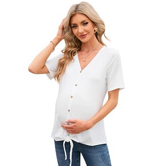 Maternity V-Neck Button Front Tie Hem Blouse, Short Sleeve Casual Top for Women