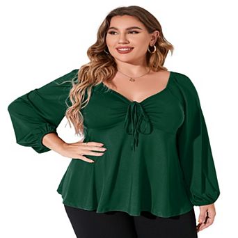 Womens Plus Size Tops Long Sleeve Shirts Fashion Lace Up Neck Pullover Tees Casual Flowy Tops