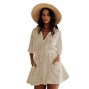 Women's Swimsuit Short Sleeves Bathing Suit Cover Up Bikini Beach Dress with Pockets