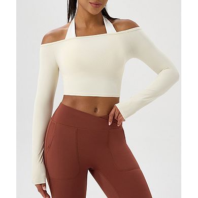 Women's Boat Neck Yoga Tee Long Sleeve Quick-Dry Athletic Workout Top