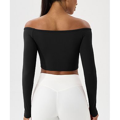 Women's Boat Neck Yoga Tee Long Sleeve Quick-Dry Athletic Workout Top