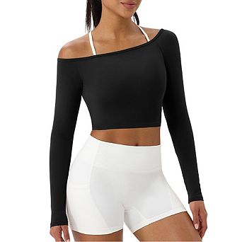Women's Boat Neck Yoga Tee Long Sleeve Quick-Dry Athletic Workout Top