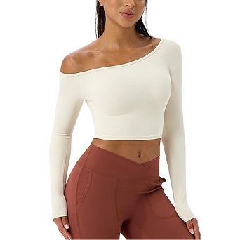 Women's Boat Neck Yoga Tee Long Sleeve Quick-Dry Athletic Workout Top