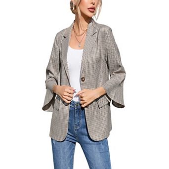 3/4 Sleeve Blazer for Women Casual Open Front Plaid Jacket with Pockets