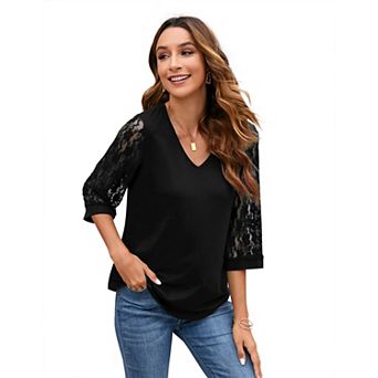 Lace Sleeve V-Neck Blouse, 3/4 Sleeve Curved Hem Casual Top for Women