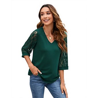 Lace Sleeve V-Neck Blouse, 3/4 Sleeve Curved Hem Casual Top for Women
