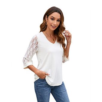 Lace Sleeve V-Neck Blouse, 3/4 Sleeve Curved Hem Casual Top for Women