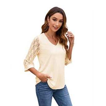 Lace Sleeve V-Neck Blouse, 3/4 Sleeve Curved Hem Casual Top for Women