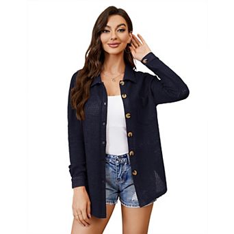 Waffle Button Down Shirts for Women Dressy Casual Work Shacket Long Sleeve Tops Cardigan