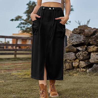 Women's Cargo Denim Midi Skirt Washed Drawstring High Waist Split Hem Skirt
