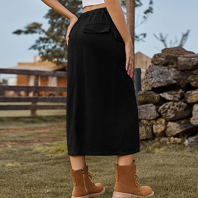 Women's Cargo Denim Midi Skirt Washed Drawstring High Waist Split Hem Skirt