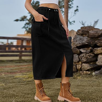 Women's Cargo Denim Midi Skirt Washed Drawstring High Waist Split Hem Skirt