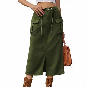 Women's Cargo Denim Midi Skirt Washed Drawstring High Waist Split Hem Skirt