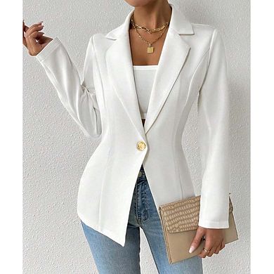 Women's Long Sleeve One-Button Blazer Classic Lapel V-Neck Tailored Jacket