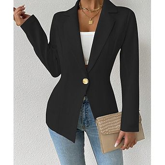 Women's Long Sleeve One-Button Blazer Classic Lapel V-Neck Tailored Jacket
