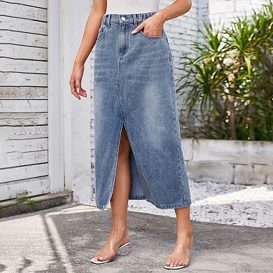 Women's Elastic Waist Washed Denim Midi Skirt with Back Split