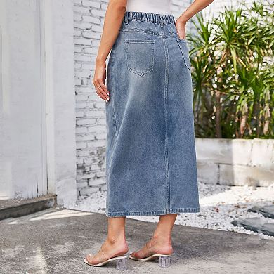 Women's Elastic Waist Washed Denim Midi Skirt with Back Split