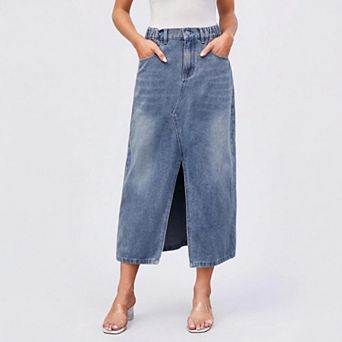 Women's Elastic Waist Washed Denim Midi Skirt with Back Split