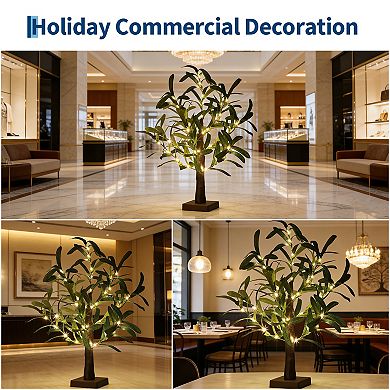 2 Pack Lighted Olive Tree 21” Tabletop Bonsai with 50 Warm White LED Lights Battery or USB Powered