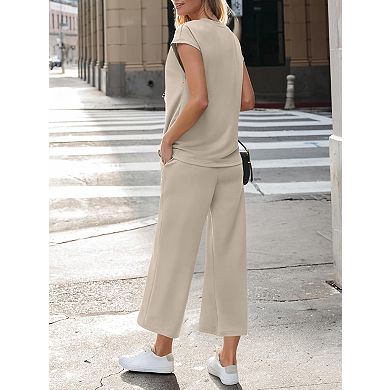 Women's 2-Piece Loungewear Set Short Sleeve V-Neck Top and Drawstring Pants