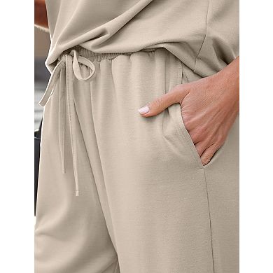 Women's 2-Piece Loungewear Set Short Sleeve V-Neck Top and Drawstring Pants