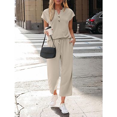 Women's 2-Piece Loungewear Set Short Sleeve V-Neck Top and Drawstring Pants