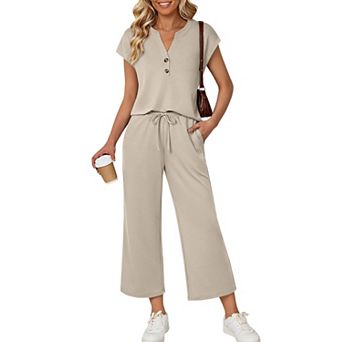 Women's 2 pc Loungewear Set Short Sleeve V-Neck Top and Drawstring Pants