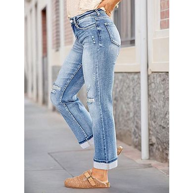 Women's Mid-Rise Straight Leg Distressed Jeans Stretch Comfort Denim Pants