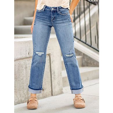 Women's Mid-Rise Straight Leg Distressed Jeans Stretch Comfort Denim Pants