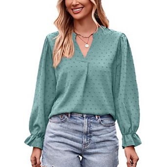 V Neck T Shirts for Women Long Ruffle Sleeve Tops Casual Fashion Dot Blouse Loose Fit