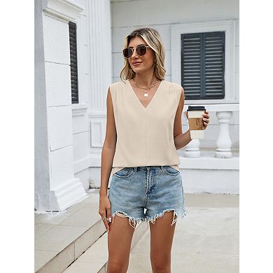 Women's V-Neck Chiffon Blouse Loose Fit Pleated Sleeveless Tank Top