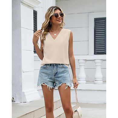 Women's V-Neck Chiffon Blouse Loose Fit Pleated Sleeveless Tank Top