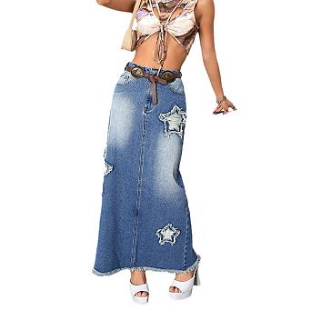 Women's High Waisted Distressed Denim Midi Skirt Frayed Hem with Back Split