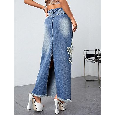Women's High Waisted Distressed Denim Midi Skirt Frayed Hem with Back Split