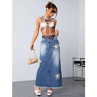 Women's High Waisted Distressed Denim Midi Skirt Frayed Hem with Back Split