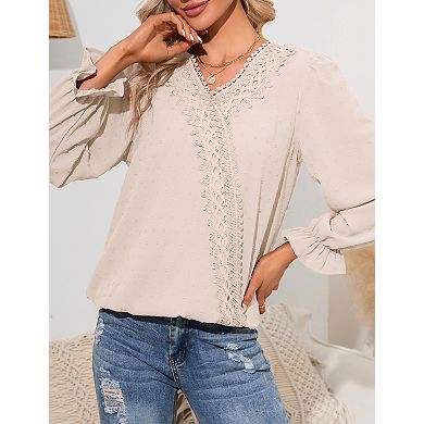 Women's V-Neck Lace Pom Pom Top Long Sleeve Ruffle Cuff Blouse