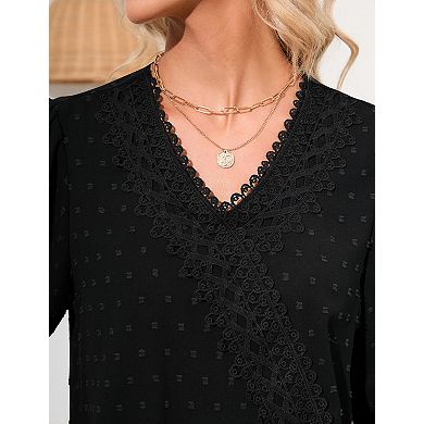 Women's V-Neck Lace Pom Pom Top Long Sleeve Ruffle Cuff Blouse
