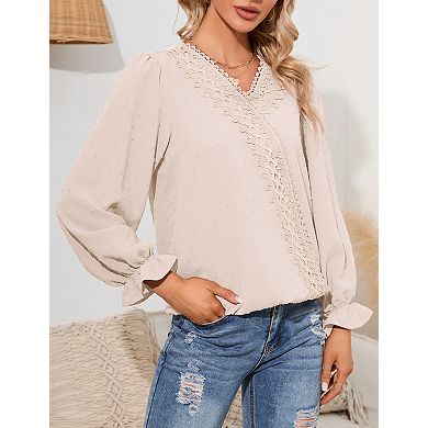 Women's V-Neck Lace Pom Pom Top Long Sleeve Ruffle Cuff Blouse