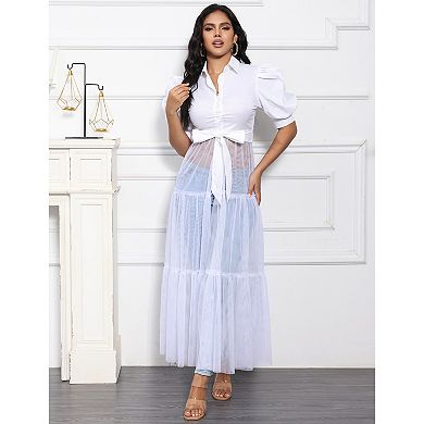 Puff Sleeve Button Down Tulle Overlay Top, Belted Maxi Blouse for Women
