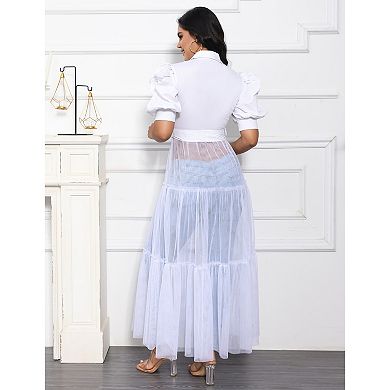 Puff Sleeve Button Down Tulle Overlay Top, Belted Maxi Blouse for Women