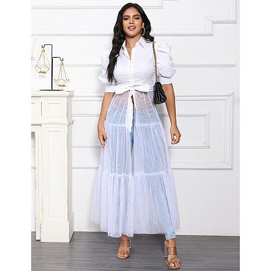 Puff Sleeve Button Down Tulle Overlay Top, Belted Maxi Blouse for Women