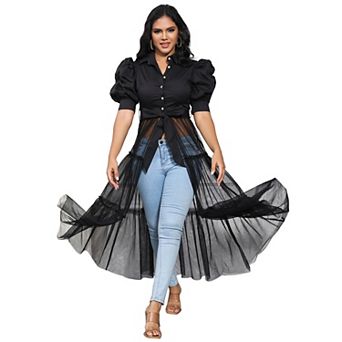 Puff Sleeve Button Down Tulle Overlay Top, Belted Maxi Blouse for Women