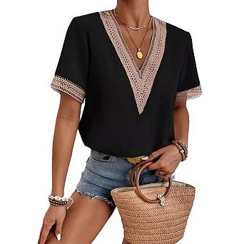 Women's Lace Trim V-Neck Blouse Elegant Loose Fit Short Sleeve Shirt