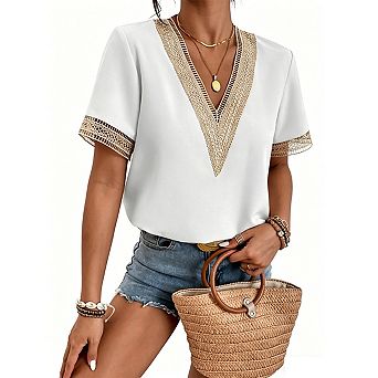 Women's Lace Trim V-Neck Blouse Elegant Loose Fit Short Sleeve Shirt