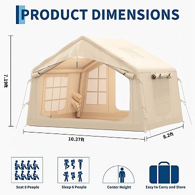 Camping Tent Easy Setup Hot Tent with Skylight & Stove Jack, Blow Up with Pump for 6-8 Person