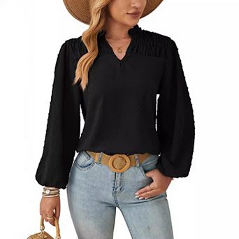 Long Sleeve Shirts for Women Smocked V Neck Tops Fashion Dot Elegant Blouse Casual Tunic Tees
