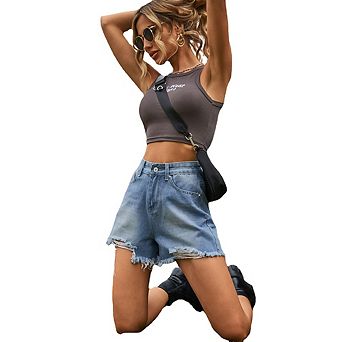 Women's High Waist Denim Shorts Distressed Frayed Hem Casual Summer Outdoor Short Jeans